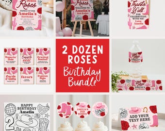 Two Dozen Roses Cowgirl 2nd Birthday Bundle, Girl 2nd Rodeo Invitation, Western Disco Cowgirl Welcome Sign, Edit With Canva
