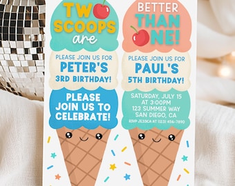 Joint Ice Cream Birthday Party Invitation For Boys, Two Scoops Are Better Than One Invite For Twins Siblings, Edit With Canva