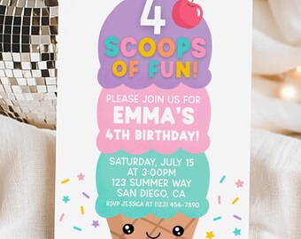 Ice Cream Invitation, Four Scoops Of Fun 4th Birthday Invite, Girl Summer Ice Cream Party, Ice Cream Social, Edit With Canva