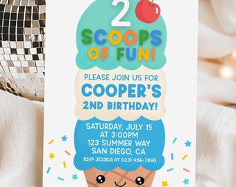 Ice Cream Invitation, Two Scoops Of Fun 2nd Birthday Invite, Boy Summer Ice Cream Party, Ice Cream Social, Edit With Canva