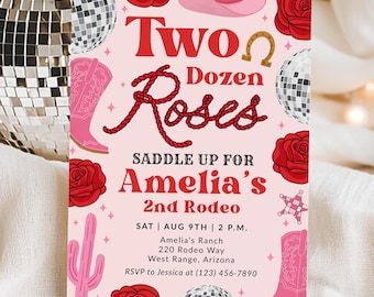 Two Dozen Roses Cowgirl 2nd Birthday Invitation, Girl 2nd Rodeo Invite With Photo Template, Western Disco Cowgirl Evite, Edit With Canva