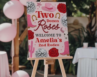 Two Dozen Roses Cowgirl 2nd Birthday Welcome Sign, Disco Cowgirl Nashville Party Decor Template Printable, Edit With Canva