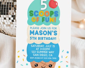 Ice Cream Invitation, Five Scoops Of Fun 5th Birthday Invite, Boy Summer Ice Cream Party, Ice Cream Social, Edit With Canva
