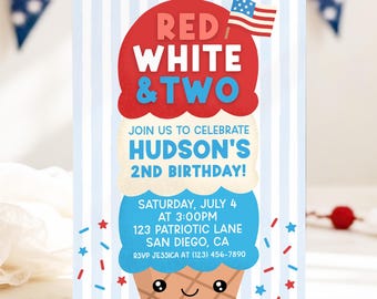 Red White and Two Invitation For 2nd Birthday, Summer Birthday Ice Cream Invite, 4th Of July Party, Edit With Canva