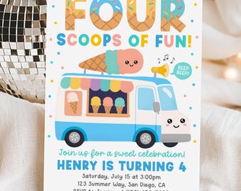 Ice Cream Truck Invitation, 4th Birthday Invite Four Scoops Of Fun, Boy Summer Ice Cream Party, Edit With Canva