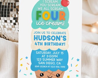I Scream You Scream We All Scream Four Ice Cream 4th Birthday Invitation, Ice Cream Invite, Boy Summer Ice Cream Party, Edit With Canva