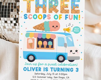 Ice Cream Truck Invitation, Three Scoops Of Fun 3rd Birthday Invite, Boy Summer Ice Cream Party, Edit With Canva