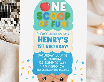 Ice Cream Invitation, One Scoop Of Fun 1st Birthday Invite, Boy Summer Ice Cream Party, Ice Cream Social, Edit With Canva