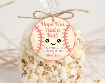 Girl Baseball Birthday Favor Tag, Kawaii Cute Baseball Party, Thank You Gift Tag Round Template, Edit With Canva