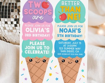 Joint Ice Cream Birthday Party Invitation For Boy And Girl, Two Scoops Are Better Than One Invite For Twins Siblings, Edit With Canva