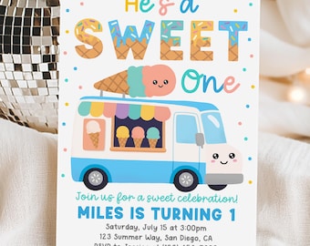 Sweet One Birthday Invitation, Boy Ice Cream Truck First Birthday Invite, 1st Birthday Summer Party, Edit With Canva