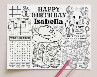 Cowgirl Birthday Party Placemat, Disco Cowgirl Coloring Page Activity Template, Retro Western Rodeo Decor, Edit With Canva