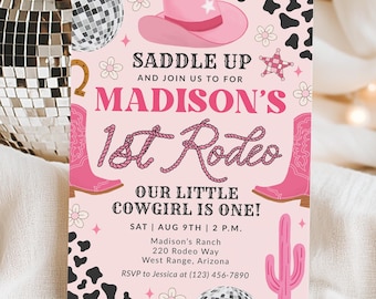 Girl 1st Rodeo Birthday Invitation, Our Little Cowgirl Is One Invite Template, Disco Cowgirl Western First Birthday, Edit With Canva