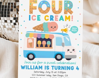 I Scream You Scream We All Scream Four Ice Cream 4th Birthday Invitation, Boy Ice Cream Truck Invite, Summer Party, Edit With Canva