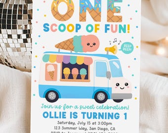 Ice Cream Truck First Birthday Invitation, Boy One Scoop Of Fun 1st Birthday Invite, Summer Party, Edit With Canva