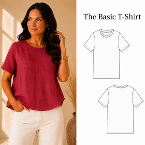 Può includere: Un top a maniche corte con scollo rotondo in un colore magenta intenso abbinato a pantaloni chiari. Accanto, un disegno tecnico a linee etichettato The Basic T-Shirt mostra le viste anteriore e posteriore del capo con maniche corte e girocollo.