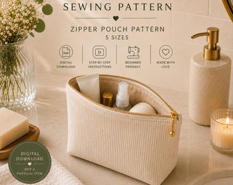 Zipper Pouch Pattern PDF, Makeup Bag Sewing Pattern, Cosmetic Bag Pattern, 5 Sizes, Beginner Sewing Tutorial, Instant Download