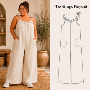 May include: A beige playsuit with tie straps, a gathered neckline, and side pockets. The image includes a black and white line drawing of the garment labeled Tie Straps Playsuit, showing the front view with wide legs and a bow on one shoulder.