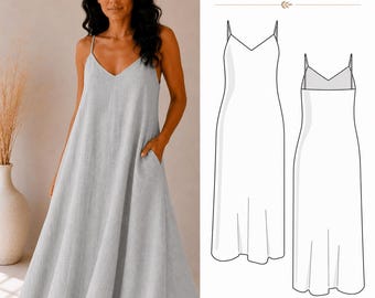 Patrón de costura en PDF para vestido largo de lino, patrón de vestido de verano de lino, vestido de corte holgado, vestido largo de tirantes finos, tallas XS-5XL