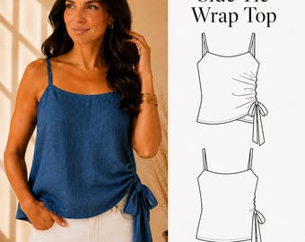 Patrón de costura en PDF para top de lino, patrón de top con lazo lateral, patrón de costura para camisola de mujer, top de tirantes de verano, descarga instantánea.