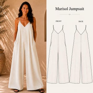 Peut inclure: Une combinaison sans manches beige avec un décolleté en V et un pantalon large. L'image comprend un dessin technique au trait intitulé Marisol Jumpsuit, montrant les vues avant et arrière du vêtement avec de fines bretelles et des poches.