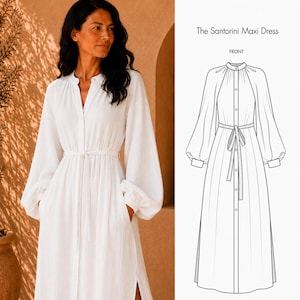 May include: A white maxi dress with long, voluminous sleeves, a button-down front, and a tie waist. The image includes a technical line drawing labeled The Santorini Maxi Dress, showing the front view with a high neckline and gathered details.