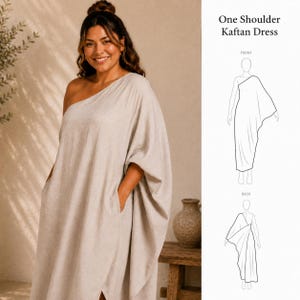 May include: A beige one-shoulder kaftan dress with a loose, flowing silhouette and side pockets. The image includes text reading One Shoulder Kaftan Dress and two line-art diagrams showing the front and back views of the garment design.