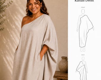 Patrón de costura en PDF para vestido caftán de talla grande con un solo hombro, patrón de vestido de lino extragrande, patrón de caftán XS-5XL, descarga digital.