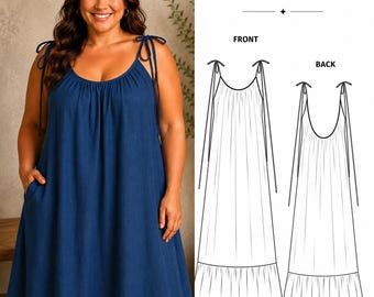 Patrón de costura en PDF para vestido maxi extragrande, tallas grandes XS-5XL, patrón de vestido de lino, vestido de corte holgado, patrón de vestido de verano, tamaño A4.