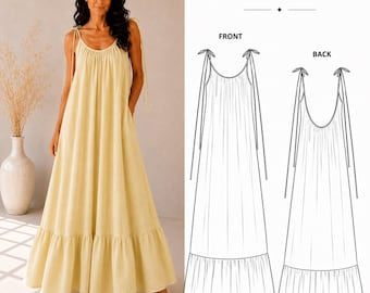Patrón de costura para vestido largo en PDF, patrón de vestido de lino, patrón de costura para vestido XS-5XL, patrón de vestido con tirantes anudados, vestido de verano con volantes