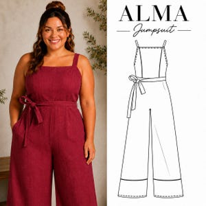 May include: A deep red jumpsuit with wide legs, a square neckline, and thin shoulder straps. The garment features a matching fabric tie belt at the waist. Next to the jumpsuit is a black and white line drawing labeled ALMA Jumpsuit.