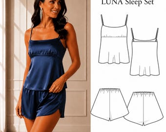 Patrón de costura en PDF para pijama de satén, conjunto de ropa de dormir, top de tirantes y shorts, ropa de estar por casa para mujer, tallas XS-5XL, descarga instantánea.