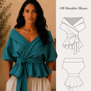 Patrón de costura en PDF para blusa de lino con hombros descubiertos, patrón de top cruzado, patrón de blusa peplum, patrón de top de lino, patrón de costura para tallas grandes XS-5XL,