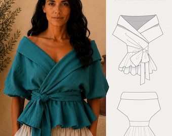 Patrón de costura en PDF para blusa de lino con hombros descubiertos, patrón de top cruzado, patrón de blusa peplum, patrón de top de lino, patrón de costura para tallas grandes XS-5XL,
