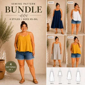 Peut inclure: Un ensemble de patrons de couture proposant quatre styles de hauts et de robes sans manches, tailles XS-5XL. L'image présente un débardeur jaune moutarde avec un short en jean, une robe longue bleu marine, un débardeur blanc et une robe à carreaux.