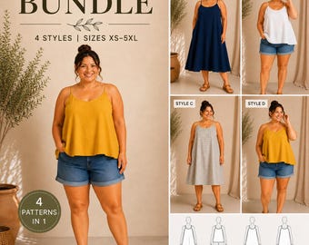 Paquete de patrones de costura de tallas grandes XS-5XL / Patrón en PDF para top sin mangas, top holgado y vestido / 4 estilos en 1 / Descarga instantánea / Ideal para principiantes