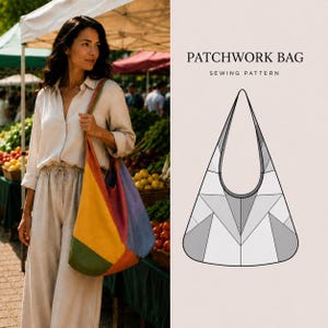 Może przedstawiać: Wykrój do szycia torby patchworkowej z rysunkiem liniowym torby typu hobo z geometrycznymi panelami. Tekst PATCHWORK BAG SEWING PATTERN znajduje się nad ilustracją. Projekt torby składa się z wielu trójkątnych i trapezowych kształtów.