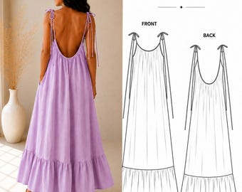 Patrón de costura en PDF para vestido largo con espalda descubierta, patrón de vestido de lino tallas XS-5XL, patrón de vestido largo de lino, vestido con tirantes anudados, vestido bohemio de verano
