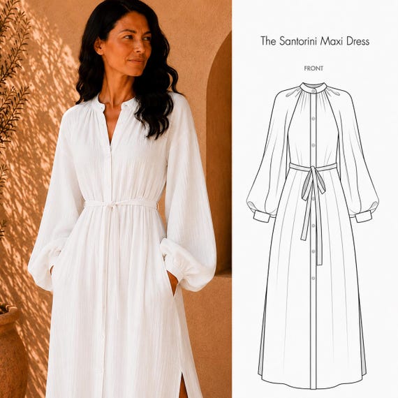 Santorini Maxi Dress Sewing Pattern PDF, Linen Dress Pattern, Balloon Sleeve Dress, Plus Size XS-4XL, Button Front Dress, Instant Download