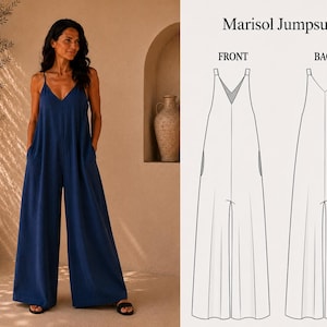Può includere: Una donna indossa una tuta blu navy con scollo a V e gambe larghe. La tuta ha spalline sottili e tasche. L'immagine mostra anche un disegno a tratto del davanti e del retro della tuta, etichettato "Marisol Jumpsuit."