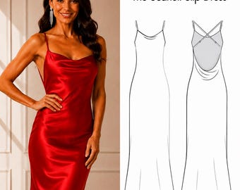 Patrón de costura en PDF para vestido lencero escarlata, patrón de vestido maxi de satén, vestido cortado al bies, vestido con cuello drapeado, vestido con espalda descubierta, tallas XS-5XL