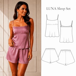 Könnte beinhalten: Ein mauvefarbenes Schlafset aus Satin, bestehend aus einem Camisole mit dünnen Trägern und passenden Shorts. Das Bild enthält eine technische Strichzeichnung mit der Aufschrift LUNA Sleep Set, die Vorder- und Rückansicht zeigt.