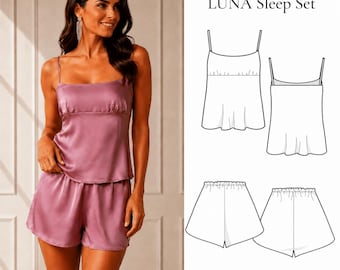 Patrón de costura en PDF para conjunto de pijama LUNA, patrón de pijama de satén, patrón de top de tirantes y shorts, ropa de dormir para mujer, tallas XS-5XL, descarga instantánea.