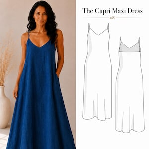 Peut inclure: Une robe longue bleu foncé avec de fines bretelles et des poches latérales, présentée à côté d'un dessin technique intitulé The Capri Maxi Dress, illustrant les vues avant et arrière du vêtement avec un décolleté en V et un ourlet évasé.