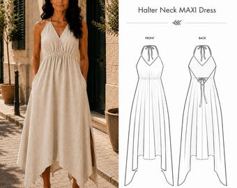 Patrón de costura en PDF para vestido largo de lino con cuello halter, patrón de vestido de lino, patrón de costura XXS-4XL, vestido con espalda descubierta, patrón de vestido de verano.