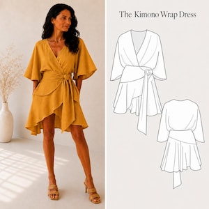 May include: A mustard yellow kimono wrap dress with wide sleeves, a V-neckline, and a side tie closure. The image includes a technical line drawing labelled The Kimono Wrap Dress, showing the front and back views of the garment construction.