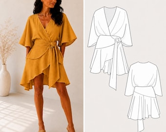 Patrón de costura en PDF para vestido kimono cruzado de lino, patrón de vestido con mangas de kimono, patrón de vestido cruzado, patrón de vestido de lino XXS-5XL, descarga instantánea.