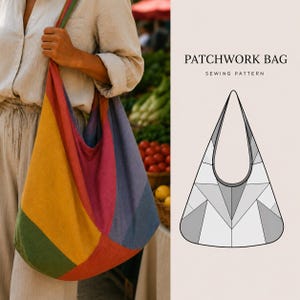 Patchwork Linen Bag Sewing Pattern PDF, Boho Tote Bag Pattern, Large Market Bag Tutorial, Hobo Shoulder Bag, Instant Download