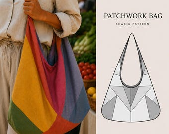 Patrón de costura en PDF para bolso de lino patchwork, patrón de bolso tote bohemio, tutorial para bolso de mercado grande, bolso de hombro tipo hobo, descarga instantánea.