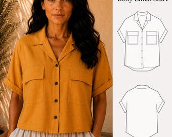 Patrón de costura en PDF para camisa de lino de corte recto, patrón de camisa extragrande, patrón de camisa con cuello tipo campamento, camisa abotonada para mujer, tallas grandes XS-5XL
